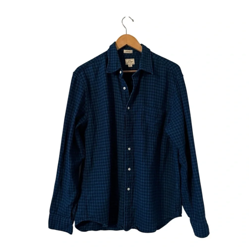 J.CREW Men's Flannel Classic Blue Long Sleeve Button Down Checkered Shirt